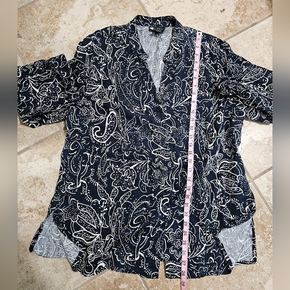 Carole Little Woman 1X Navy White Floral Paisley 100% Linen Button Blouse Coast - Picture 6 of 6